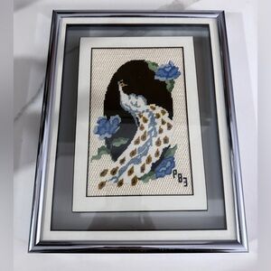 Hand Stitched Embroidery Peacock Bird Art with Floating Frame Cross Stitch